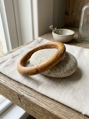 Vintage Natural Wood Bangle Bracelet Polished Warm Honey Brown Boho Minimalist
